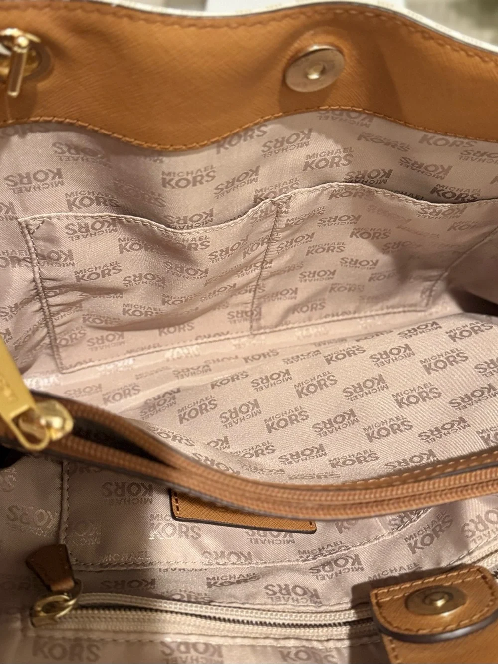 Michael Kors White/Brown Signature Costed Canvas and Leather Tote.